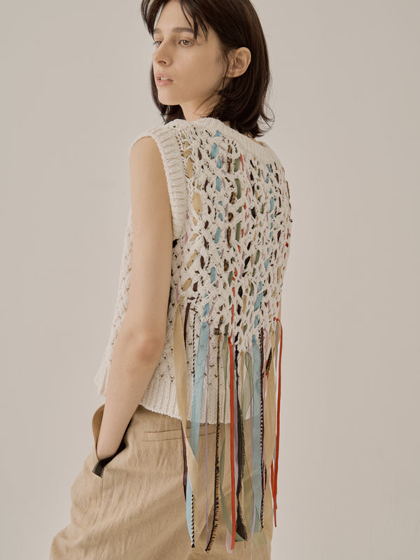 Lucía tape fringe knit pullover WH