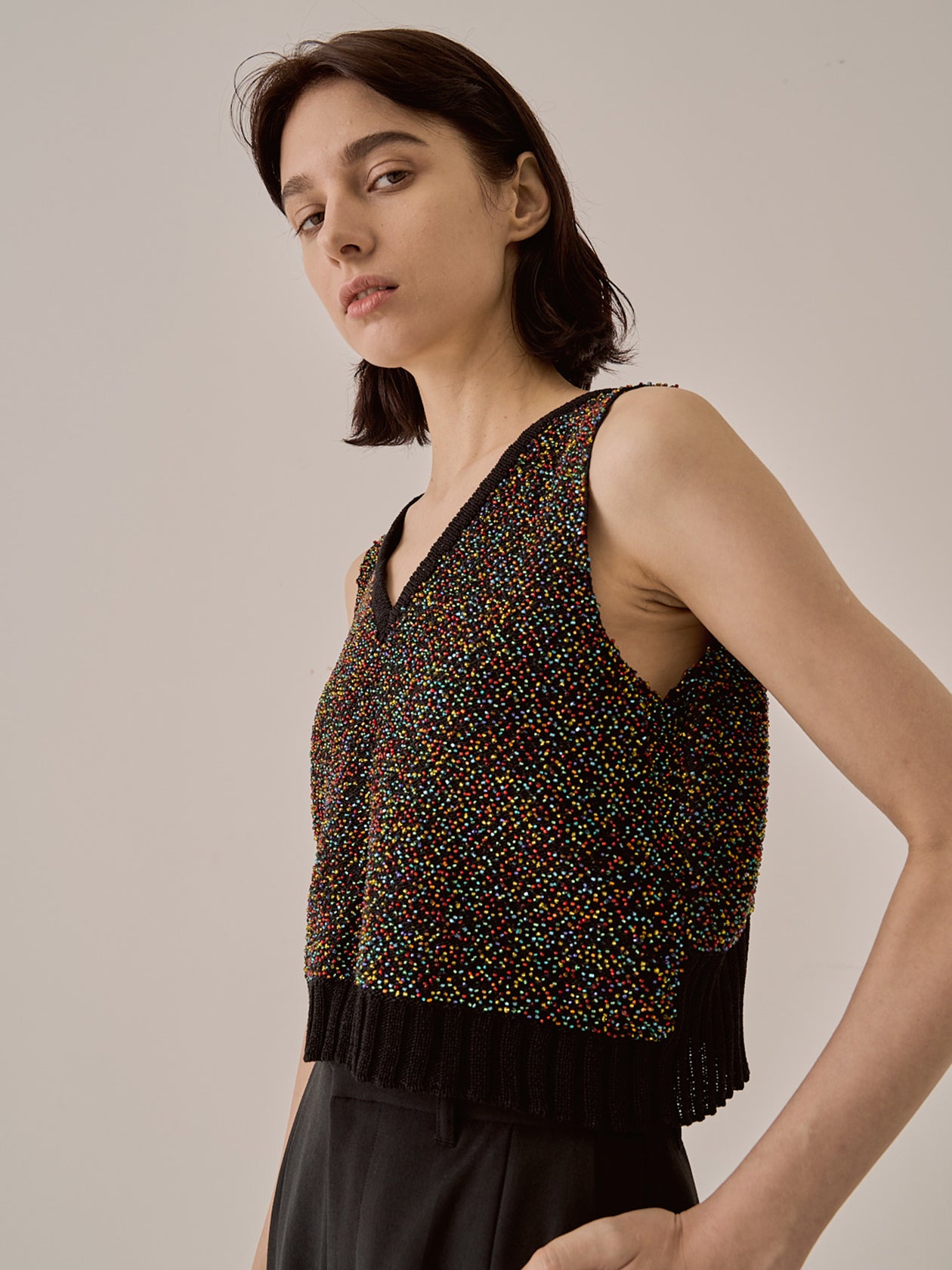 Karachi cropped glass beads handknit vest BK
