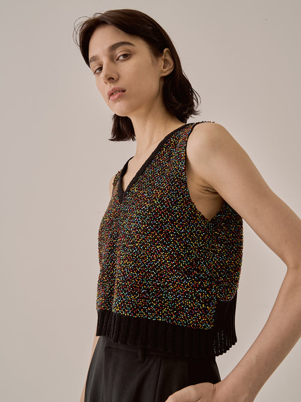 Karachi cropped glass beads handknit vest BK